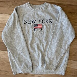 New York USA American Flag Embroidered Grey Crewneck Sweatshirt
